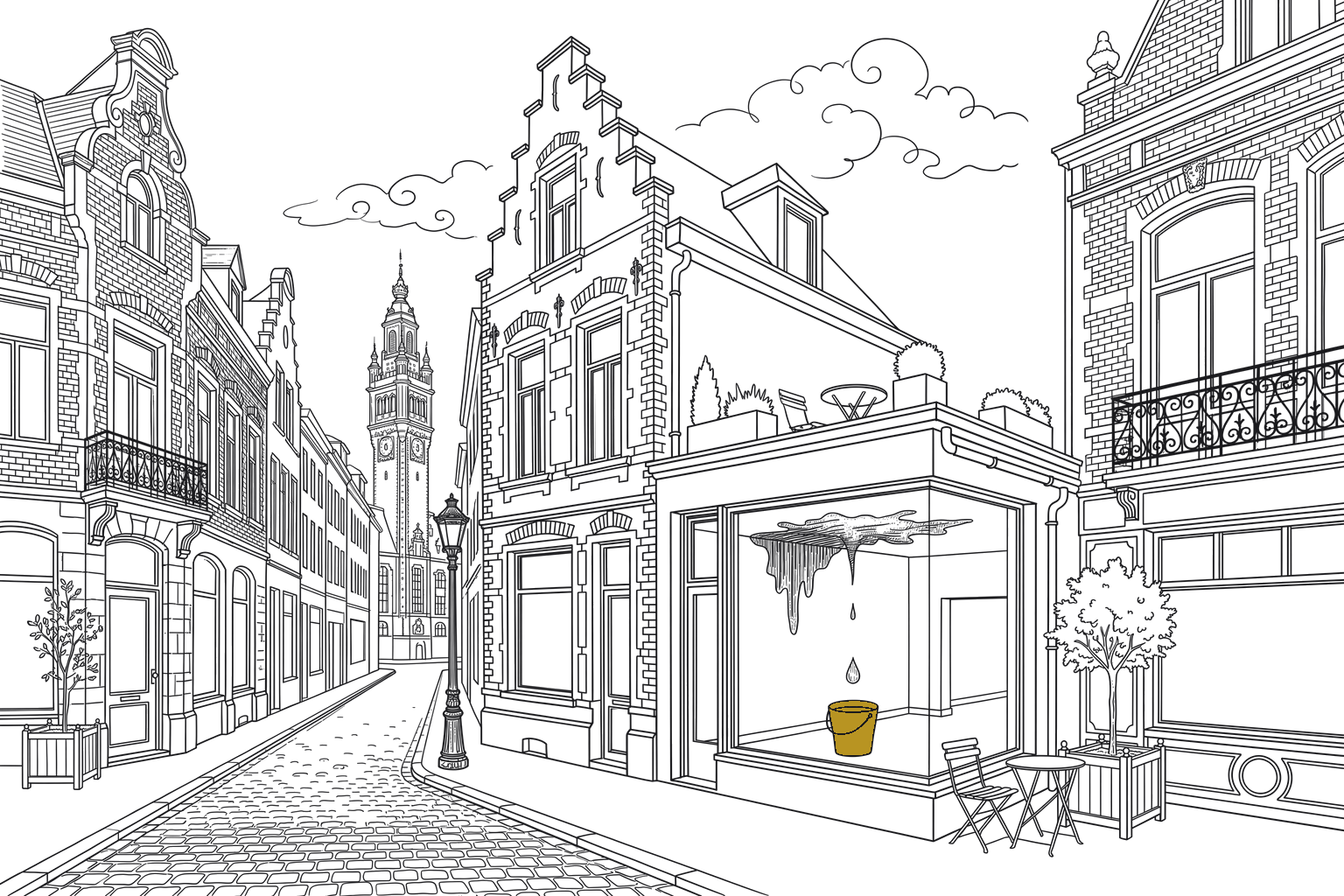 Dessin au trait d'un immeuble avec une toiture-terrasse plantée au premier étage et une trace d'humidité au plafond du commerce situé en dessous