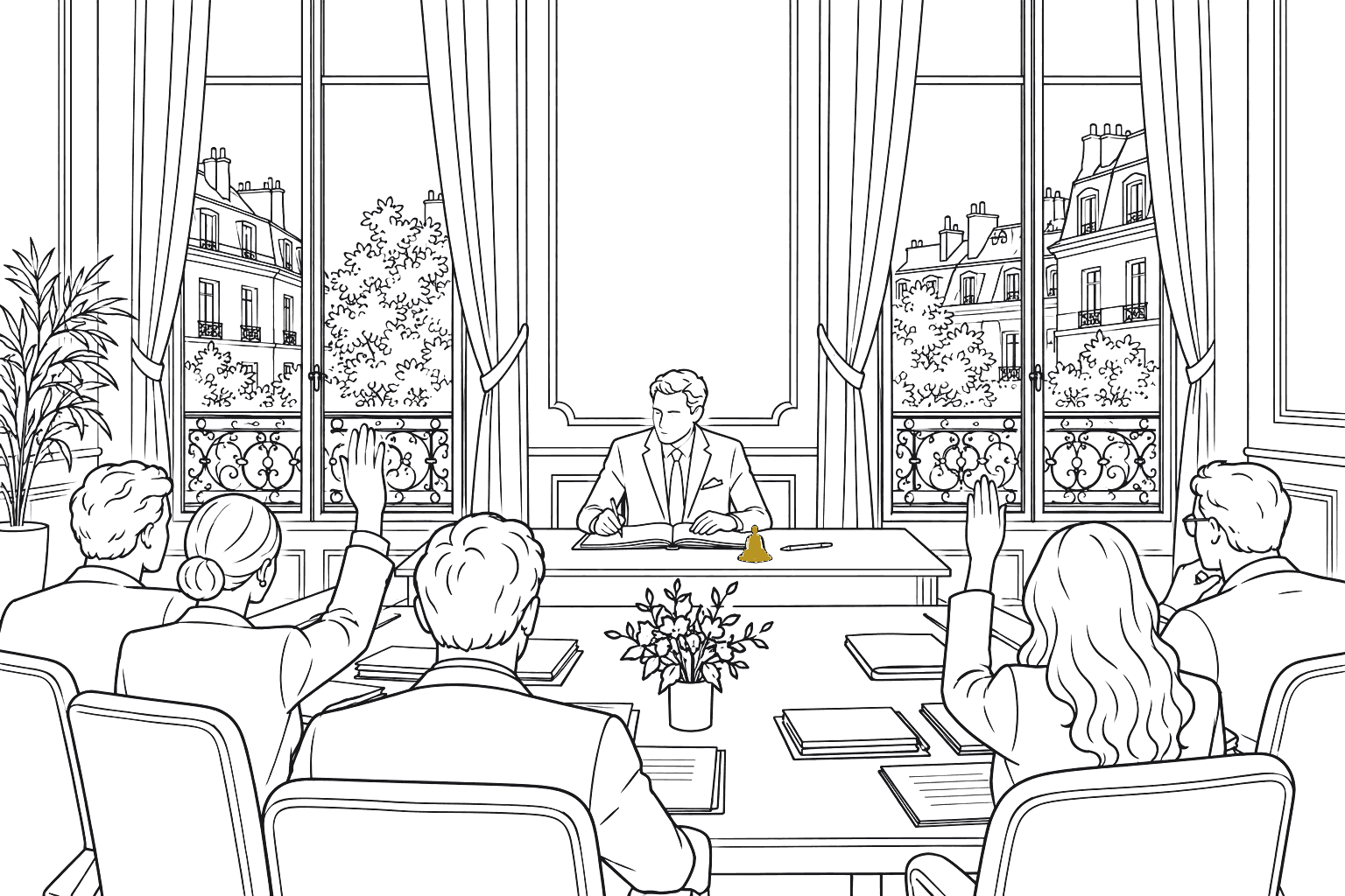 Dessin au trait d'une assemblée générale de copropriétaires votant à main levée