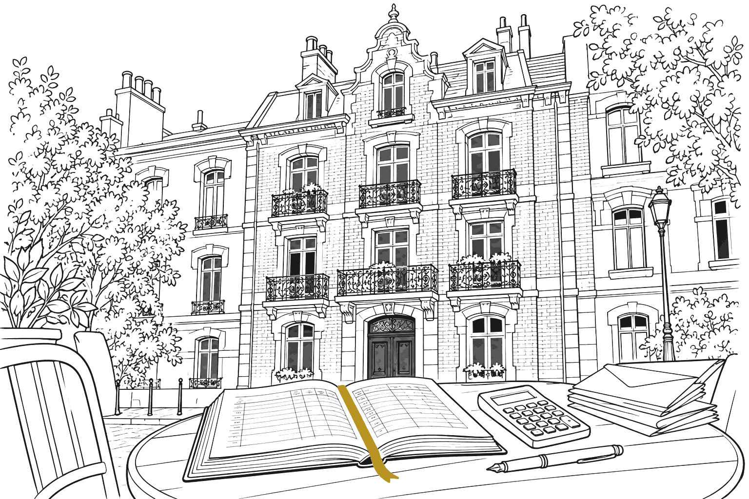 Dessin au trait d'un immeuble lillois en copropriété, avec le registre des charges et une calculatrice sur une table