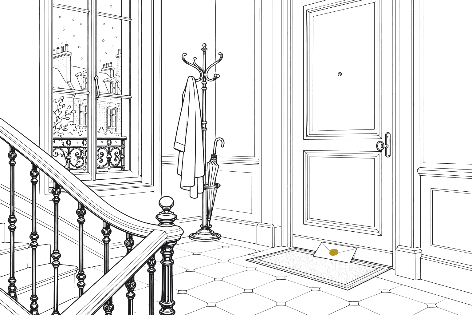 Dessin au trait du palier d'un immeuble lillois, un courrier officiel glissé sous la porte