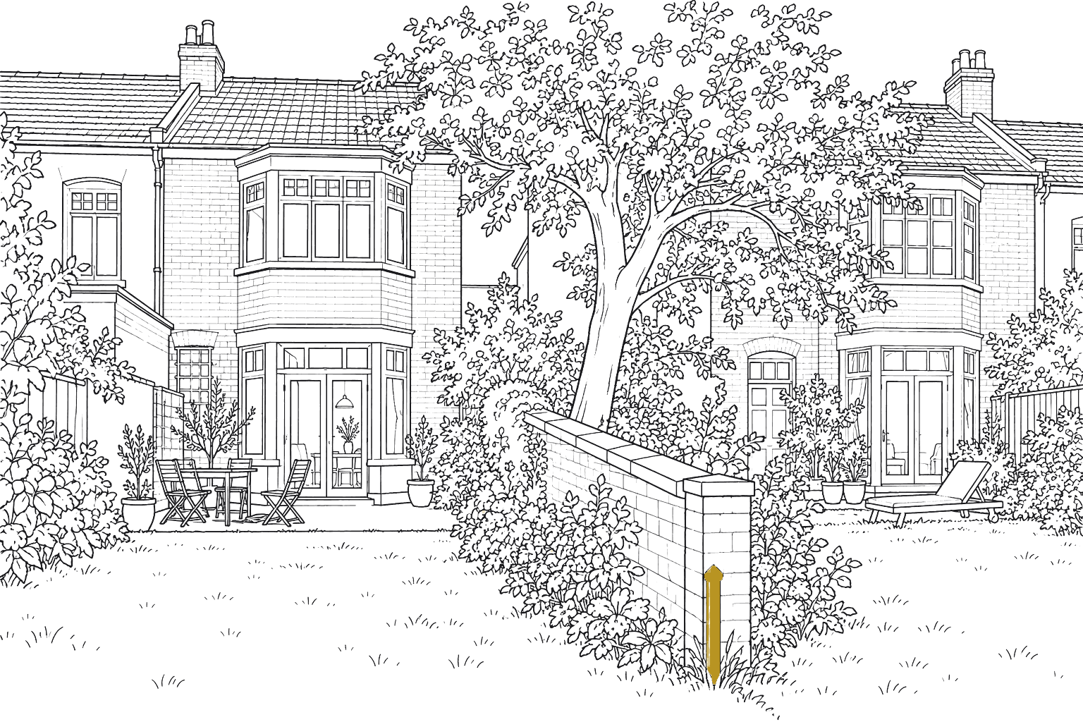 Dessin au trait de deux maisons mitoyennes dont les jardins sont séparés par un muret, un arbre débordant chez le voisin