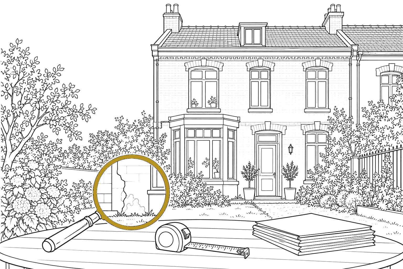 Dessin au trait d'une maison en brique dont une loupe révèle une fissure de la façade