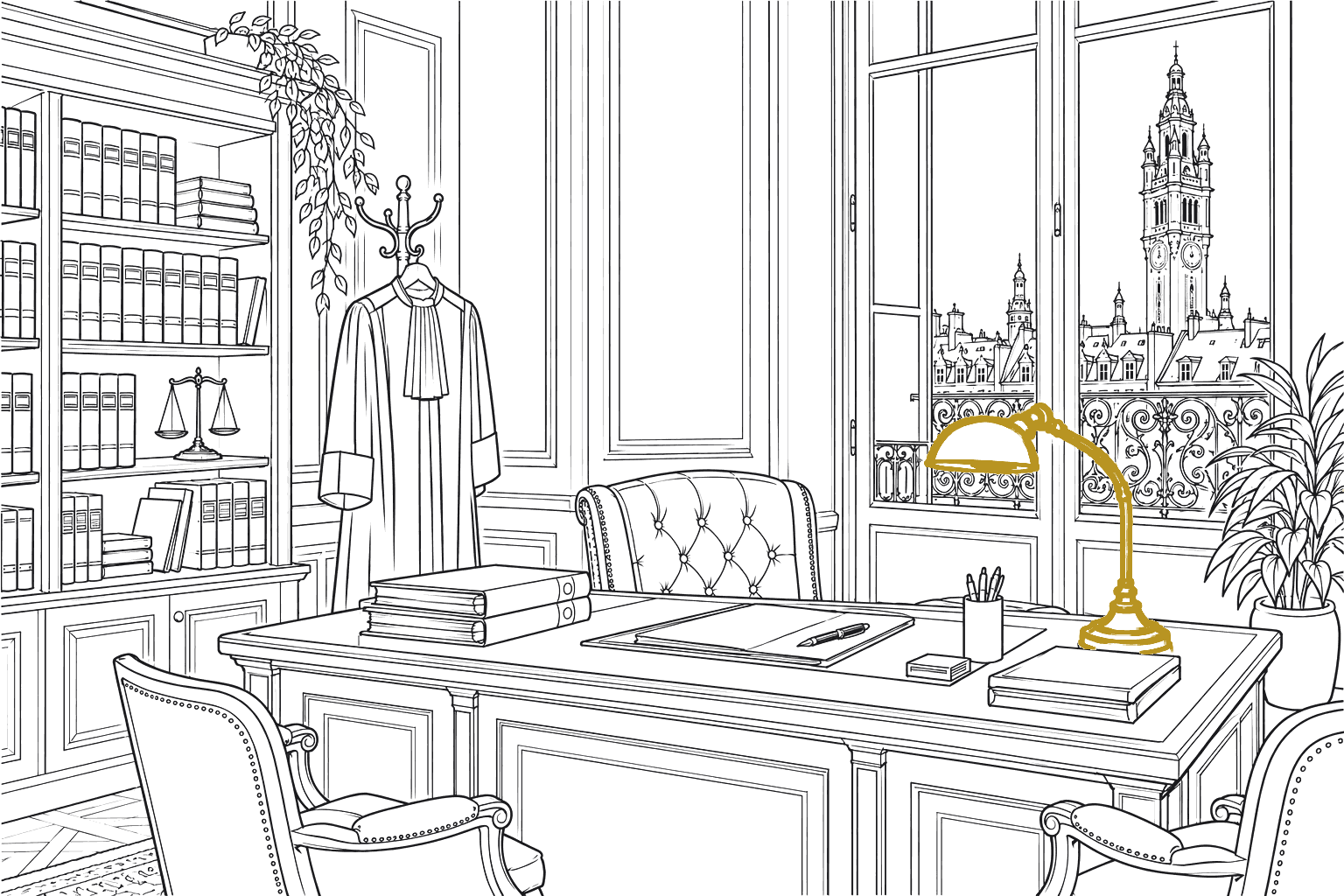 Dessin au trait du bureau d'un avocat à Lille, la robe sur le portemanteau et le beffroi de l'hôtel de ville par la fenêtre