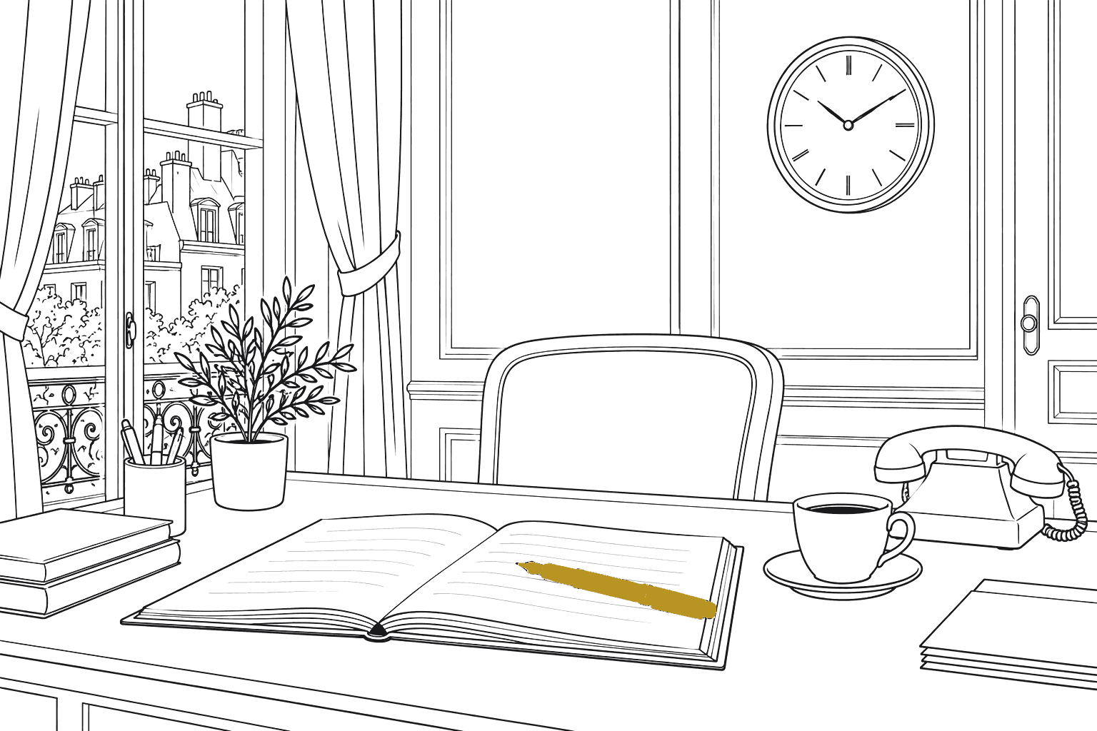 Dessin au trait d'un bureau prêt pour un rendez-vous : agenda ouvert, stylo plume, téléphone et tasse de café