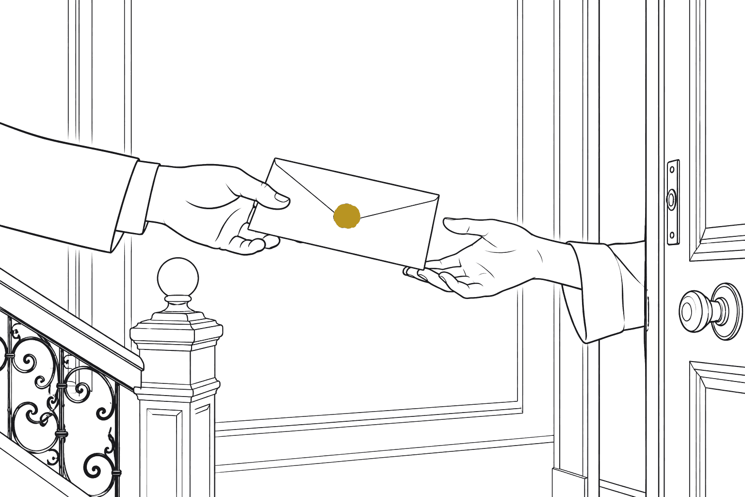 Dessin au trait d'une main remettant une enveloppe officielle sur le pas d'une porte d'appartement