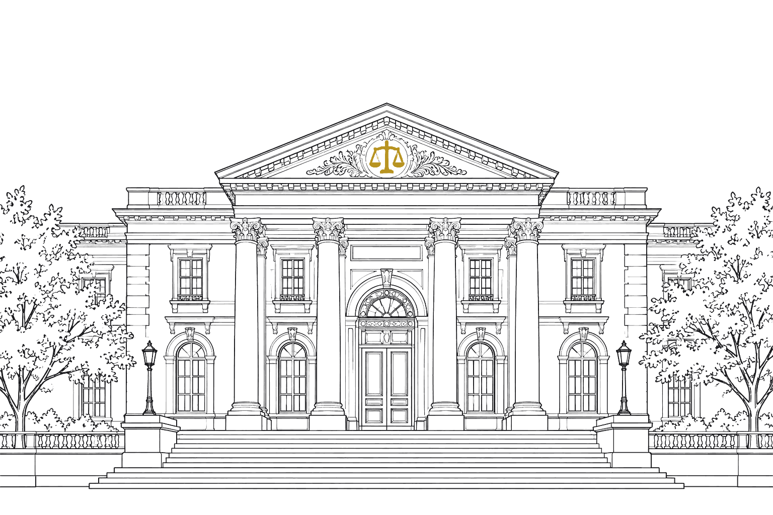 Dessin au trait de la façade d'un palais de justice
